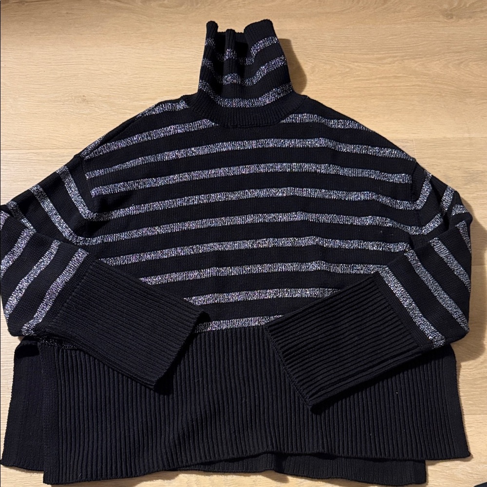 Striped Oversized Black and Silver Women's Turtleneck